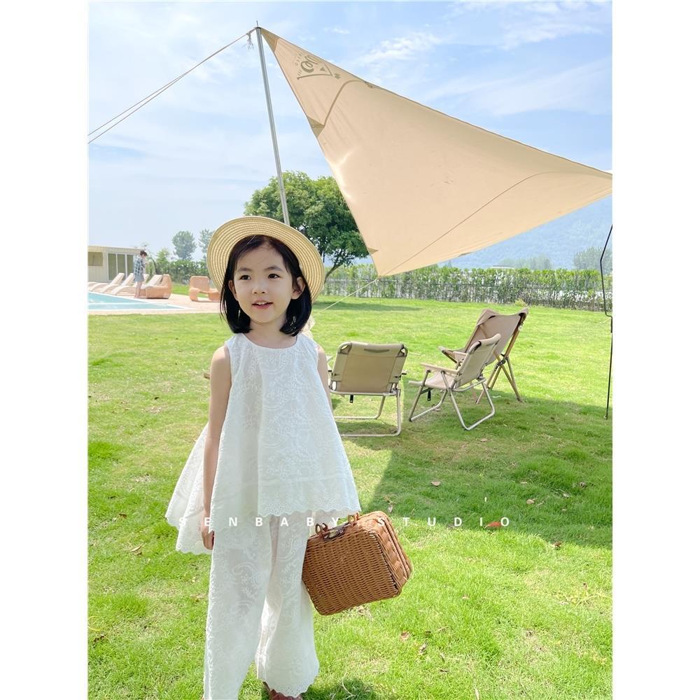 Set Đồ Mùa Hè 5 Món Gồm Áo Không Tay Thêu Họa Tiết Phong Cách Phương Tây + Quần Ống Rộng Cho Bé Gái