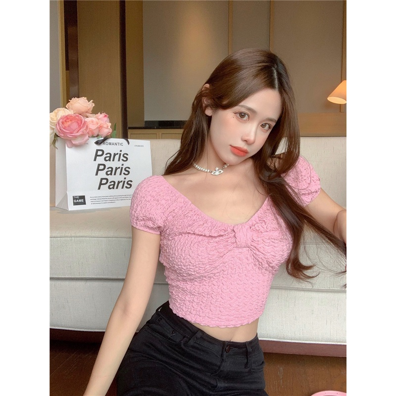 QKOOLE  Áo Croptop Xếp Ly Cổ Chữ v Thắt Nơ Phong Cách Hàn Quốc Cho Nữ