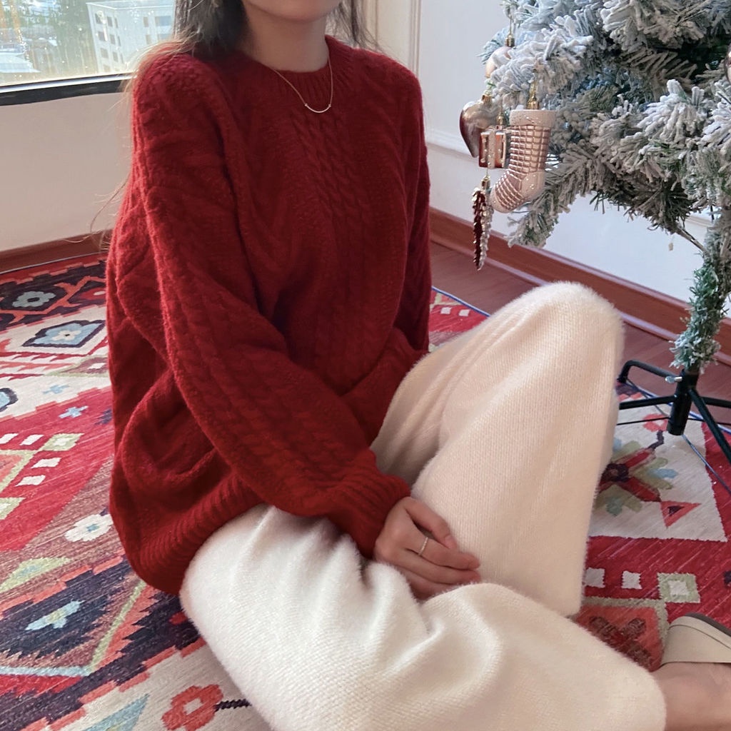 Áo chui đầu dáng rộng màu đỏ phong cách Giáng sinh mới cho nữ