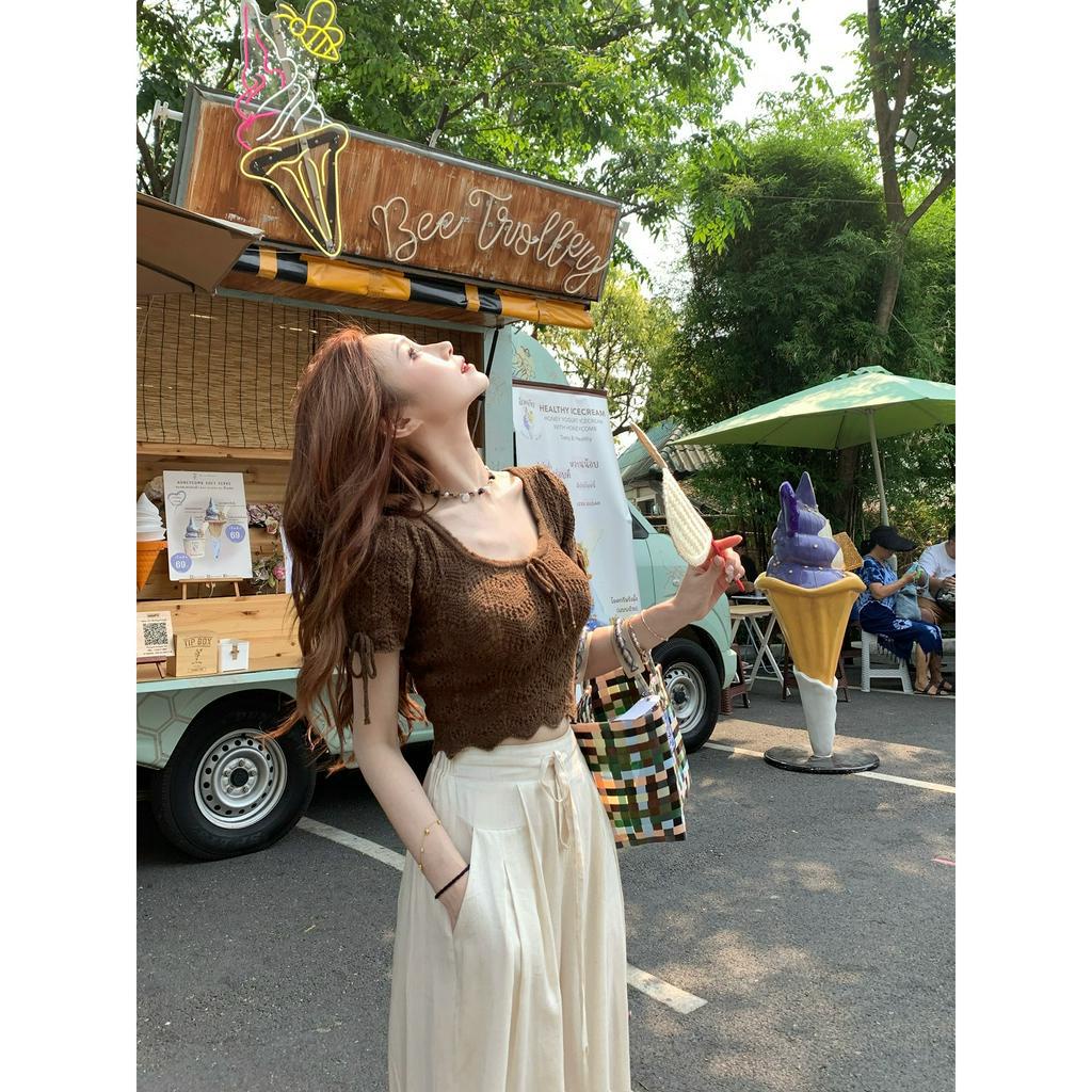 qkoole   Áo Dệt Kim Tay Ngắn Cổ Vuông Dáng Ôm Thời Trang Mùa Hè Xinh Xắn Cho Nữ