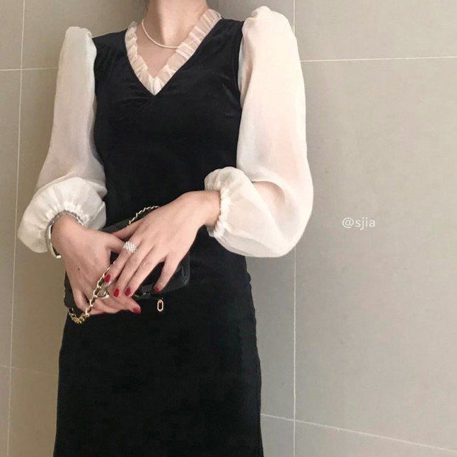 Đầm nhung cổ chữ V phong cách Hàn Quốc đáng yêu cho nữ | BigBuy360 - bigbuy360.vn