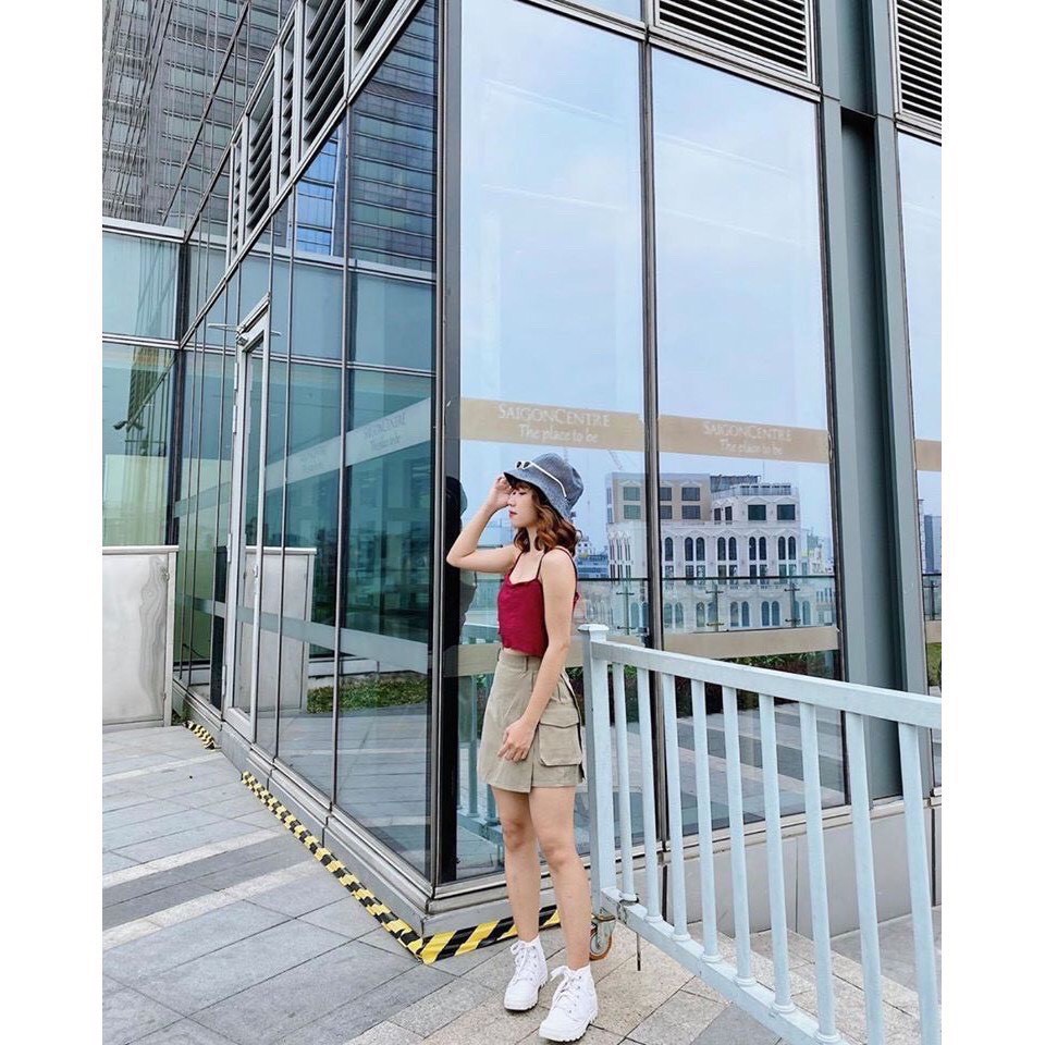 (new) Chân Váy KAKI TÚI HỘP Nữ (Box Skirt) Xẻ Tà - Quần Giả Váy Chữ A Dáng Ngắn Be Đen Khóa Kéo Vạt Lệch