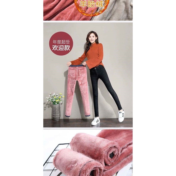 Quần Jean Dài Lót Lông Cừu Dày / Không Lót Lông Cừu Eo Cao Dáng Ôm Màu Đen Thời Trang Mùa Đông Cho Nữ