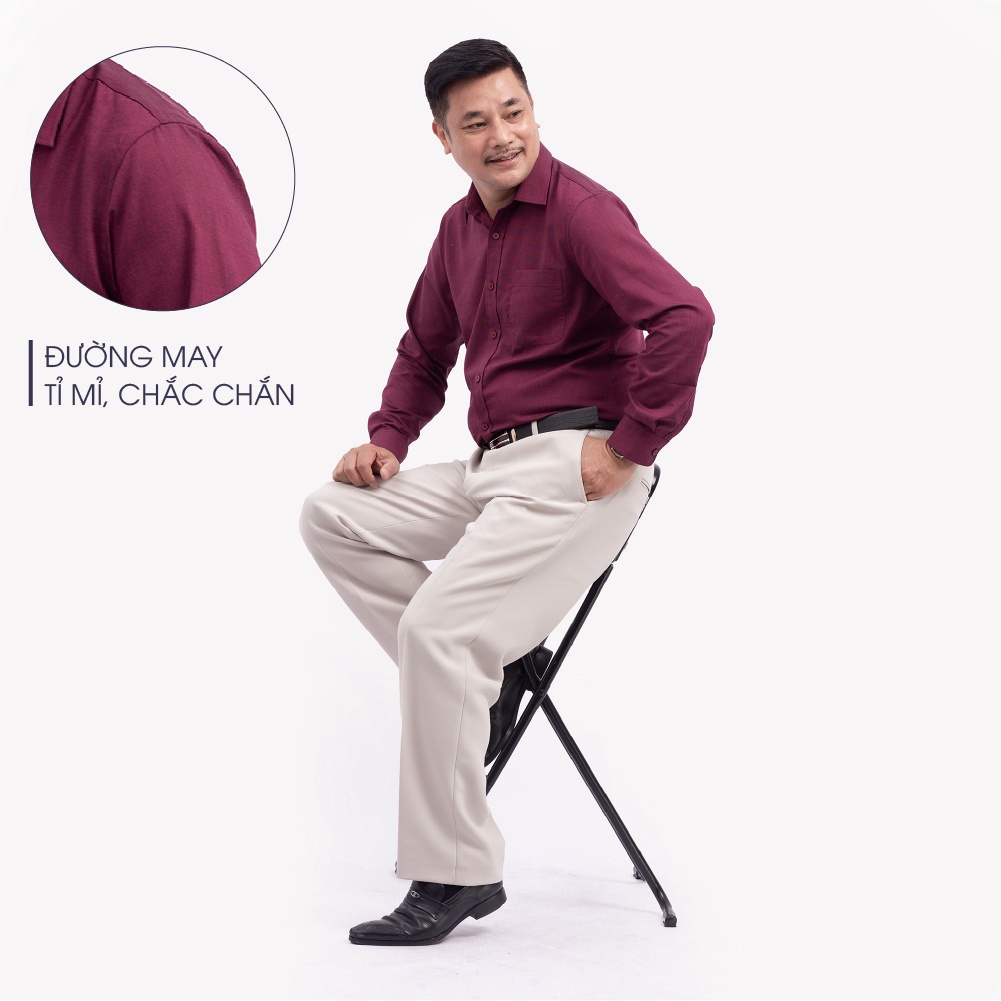 Áo Sơ Mi Nam Dài Tay Trung Niên ANCHI Màu Đỏ Trơn Vải Sợi Tre Cao Cấp