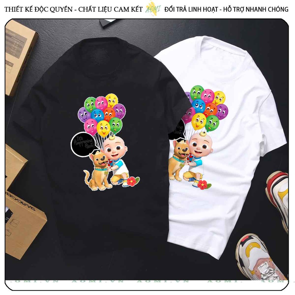 ÁO THUN HOẠT HÌNH cocomelon UNISEX PHÔNG ĐEN TAY NGẮN NAM NỮ GIA ĐÌNH CẶP ĐÔI SIZE TRẺ EM BÉ TRAI GÁI AOMIVN