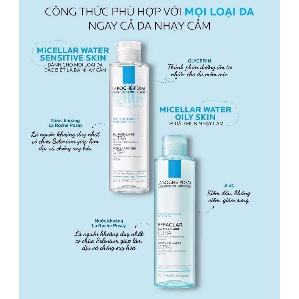 Nước tẩy trang làm sạch sâu cho da dầu & nhạy cảm La RochePosay Micellar Water 200ml