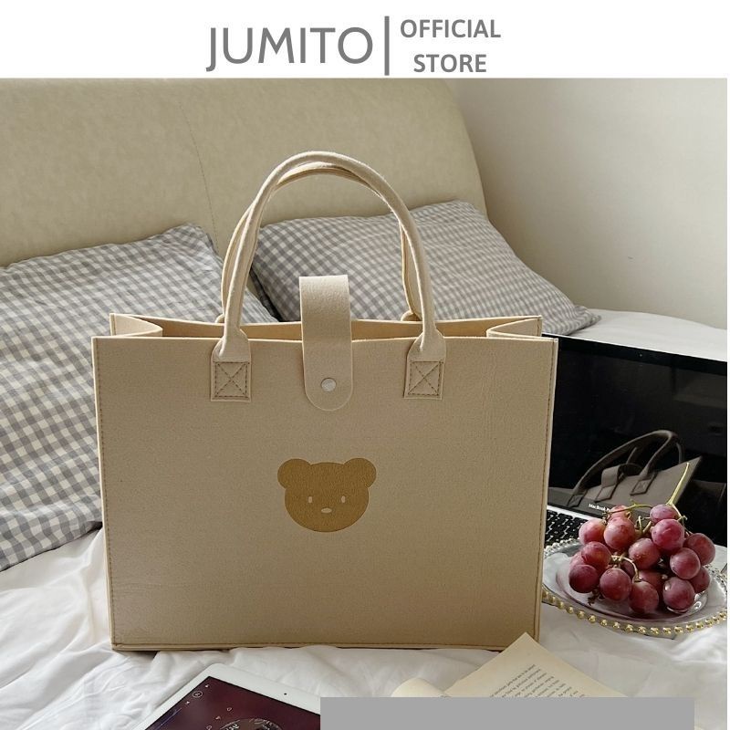 Túi xách nữ form to vuông cầm tay hình gấu màu trà sữa chất nỉ siêu cute JUMITO T3.007.TO
