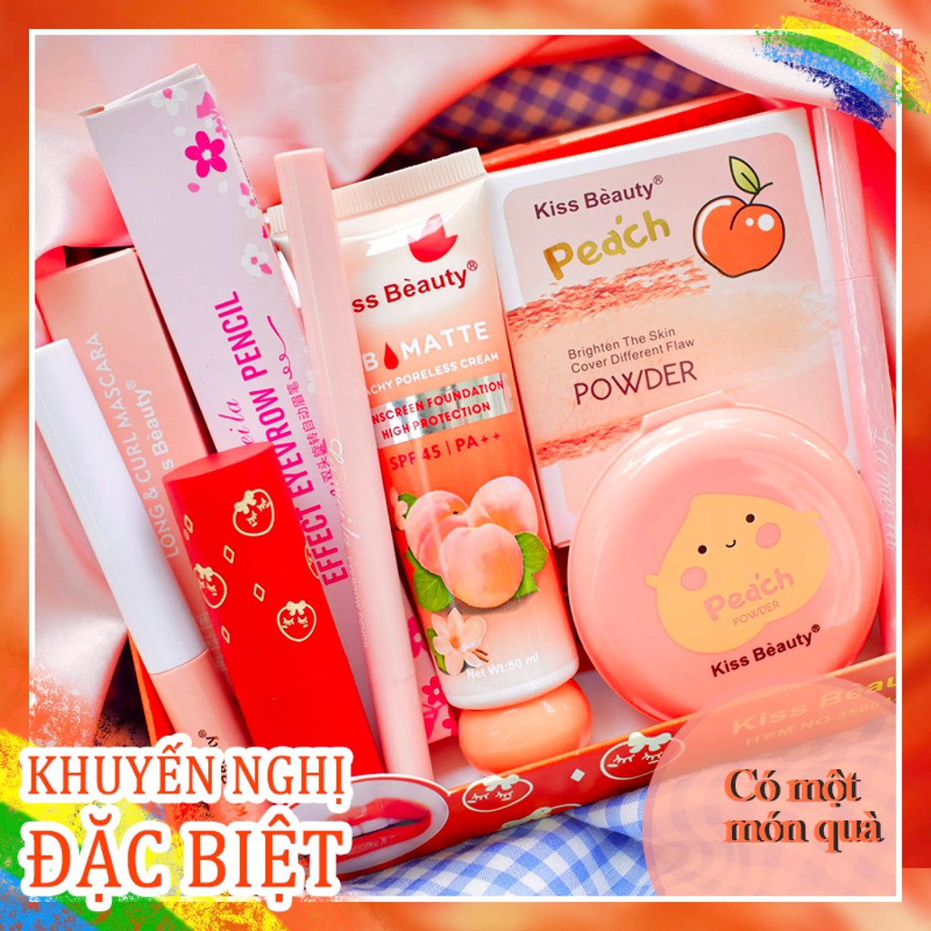 Bộ mỹ phẩm 6 món cơ bản giá tốt Kiss Beauty（Kem BB+phấn trang điểm+chì kẻ mày đen+kẻ mắt+mascara+son môiThời）KB-6JT-A01