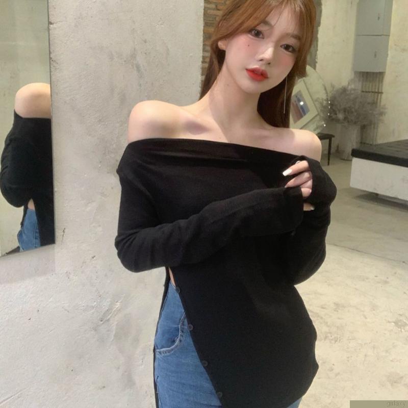 Áo thun nữ tay dài hở vai màu sắc thời trang quyến rũ