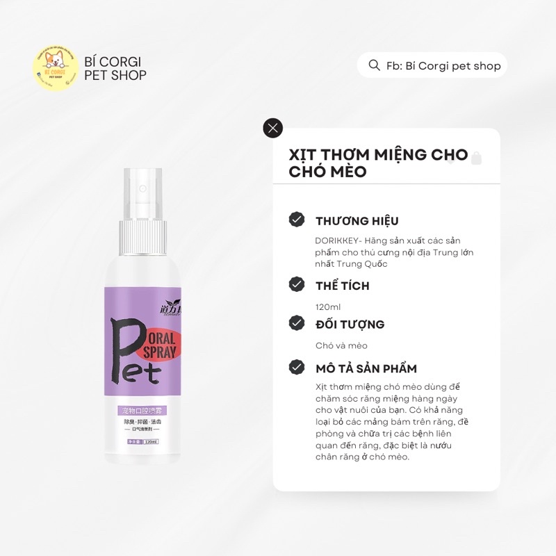Xịt thơm miệng cho thú cưng 120ml - súc miệng làm sạch răng miệng cho chó mèo