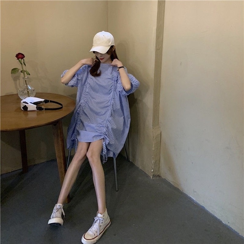 Đầm Dáng Rộng Tay Phồng Họa Tiết Sọc Caro Thiết Kế Dây Rút Thời Trang Mùa Hè Hàn Quốc Mới