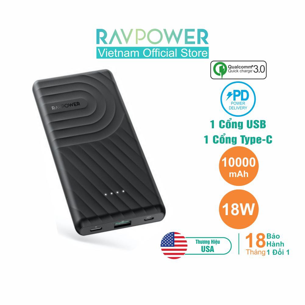 Pin Sạc Dự Phòng RAVPower RP-PB195 10000mAh In/Out Type-C QC 3.0 + PD 18W - Hàng Chính Hãng