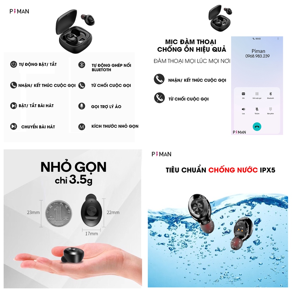 Tai Nghe Bluetooth 5.0 Piman Gaming Không Dây Mini Nhét Tai Chống Ồn Pin Trâu Thể Thao Có LED Hiển Thị Pin P12