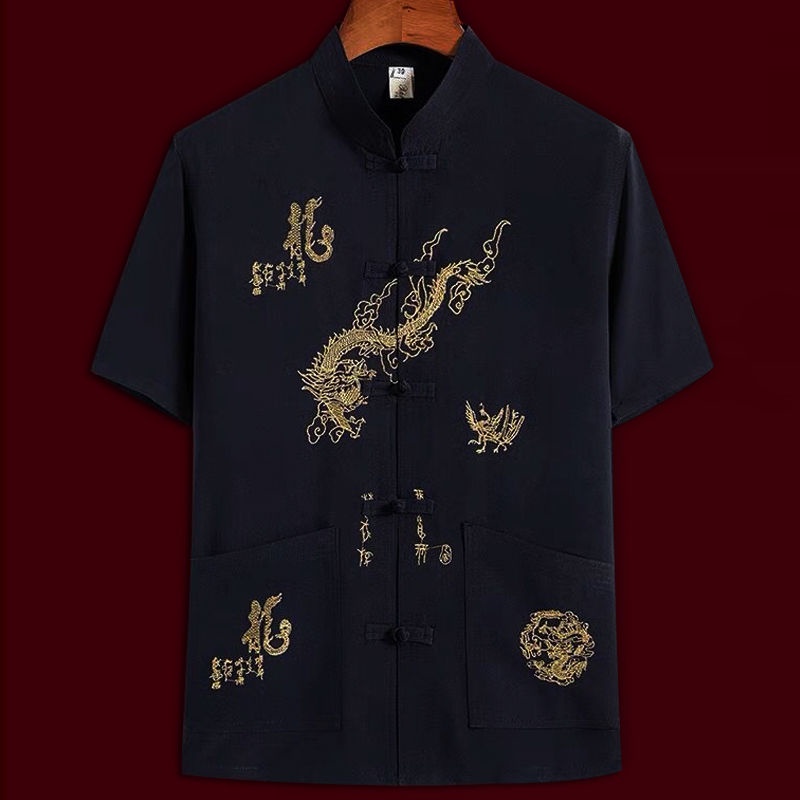 Áo thun tay ngắn thêu họa tiết rồng phong cách Trung Hoa cho nam