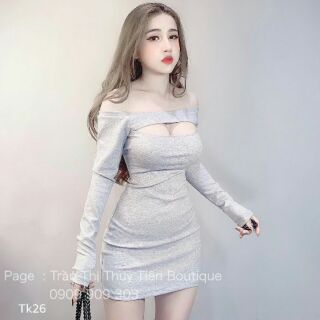 Đầm ôm body lệch vai khoét ngực tay dài