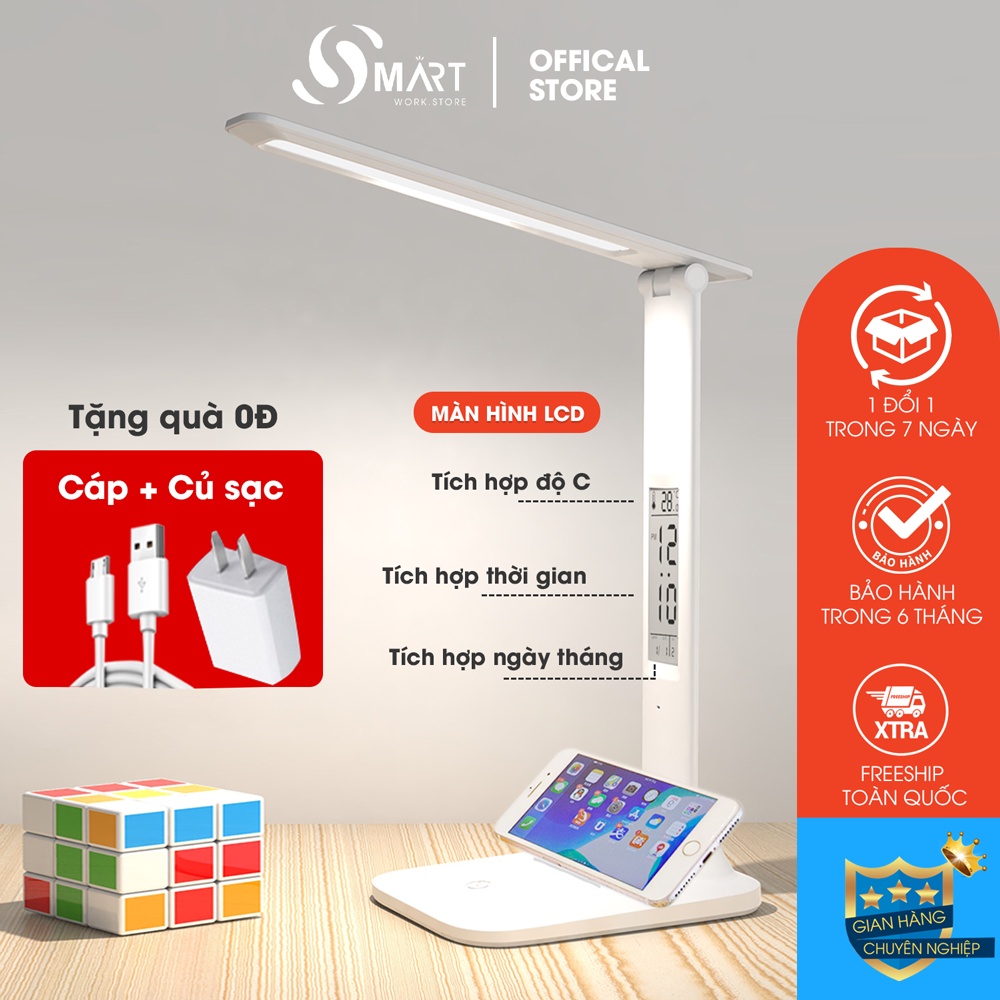 Đèn Học Để Bàn Chống Cận Cảm Ứng Cao Cấp - Đèn LED Tích Điện [Màn Hình LCD: Nhiệt Kế + Đồng Hồ + Lịch]