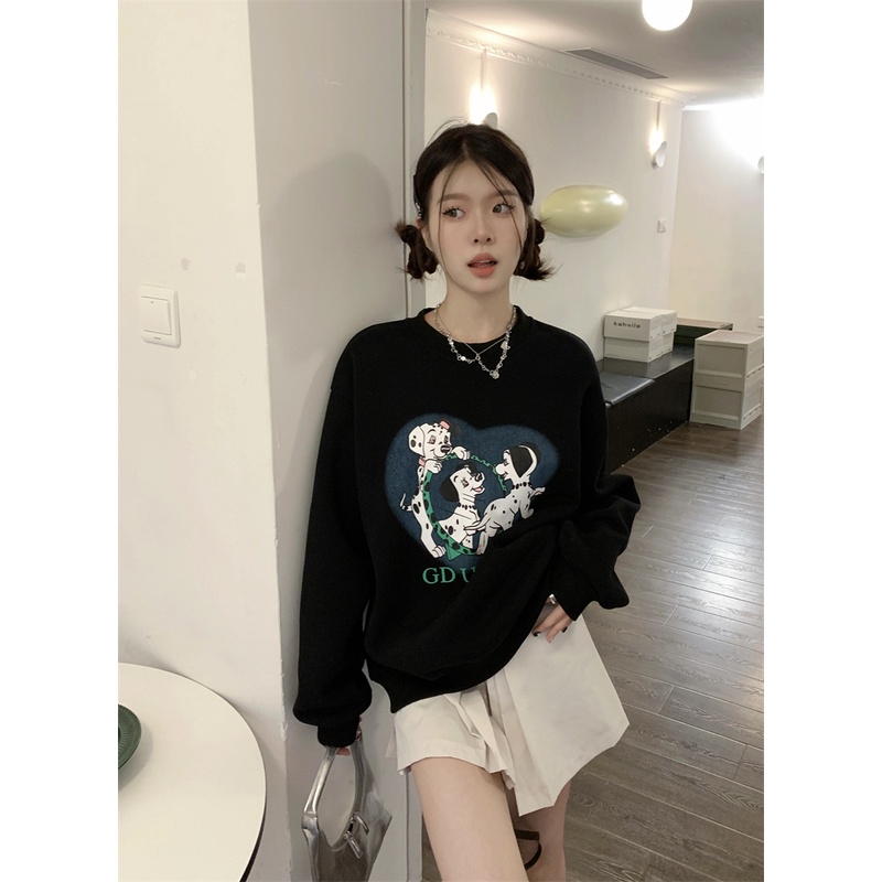 Áo sweater Cổ Tròn In Họa Tiết Dễ Thương Phong Cách retro Mỹ