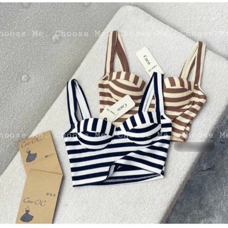 Áo thun nữ kiểu 2 dây sọc ngang dáng croptop hot