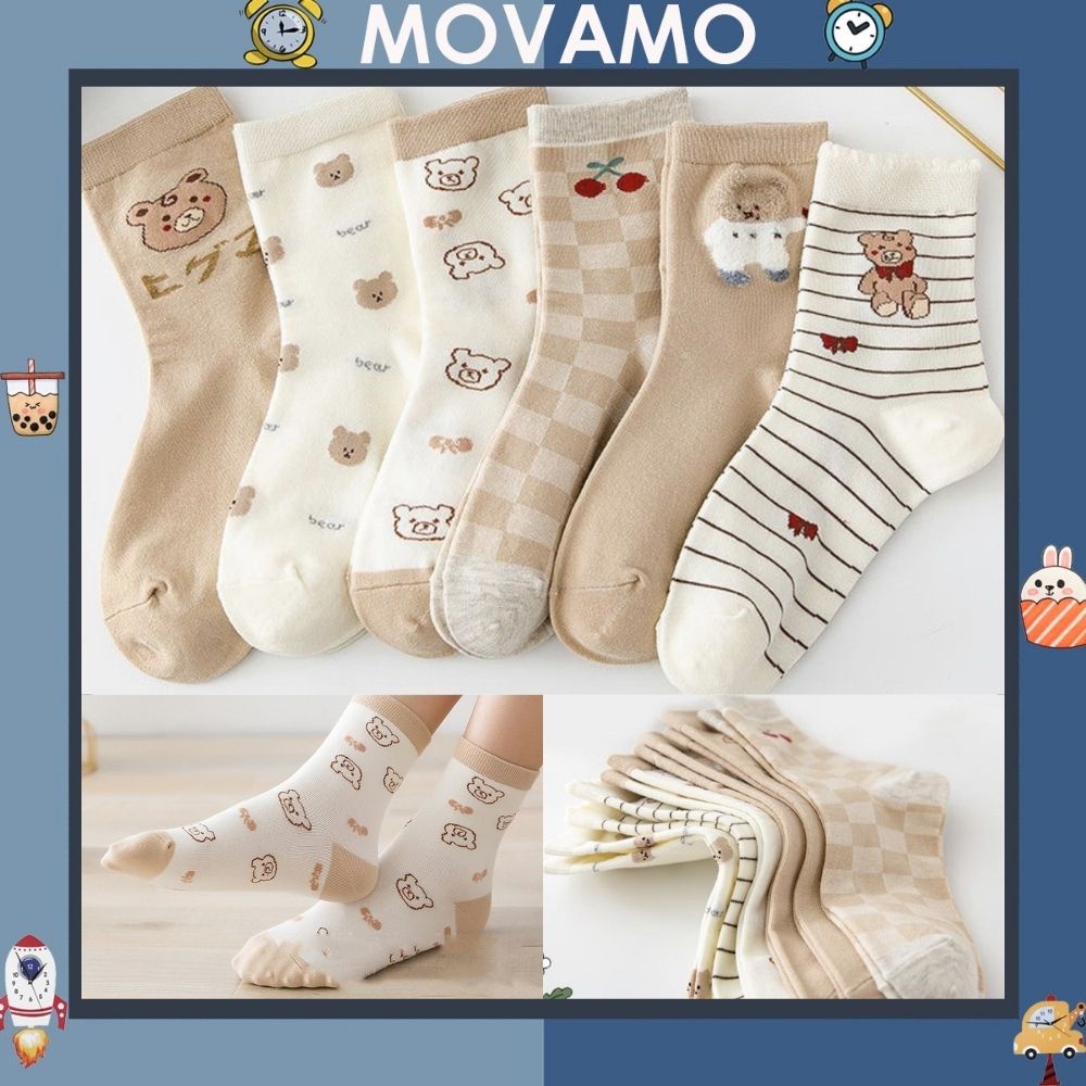 Tất cao cổ hoạ tiết gấu nữ xinh xắn Movamo vớ cotton co dãn dày dặn Hàn Quốc TN142