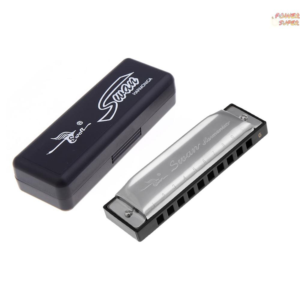 PSUPER Swan Diatonic Harmonica 10 Holes Blues Harp Mouth Organ Key of G Reed Instrument with Case Silver