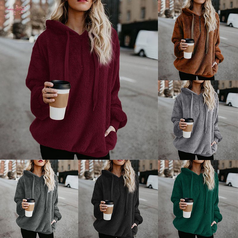 Women Autumn Winter Solid Long Sleeve Sweatshirt Plush Fluffy Hooded Pullover Plus Size 5XL