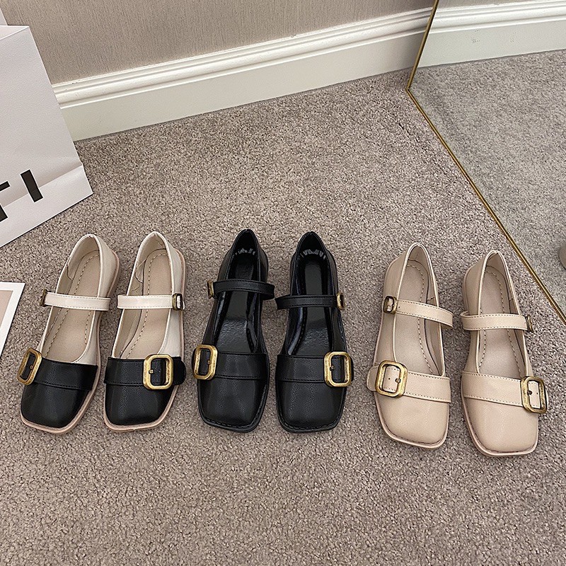 Giày búp bê nữ mũi vuông khuy đồng đế bệt có quai ngang