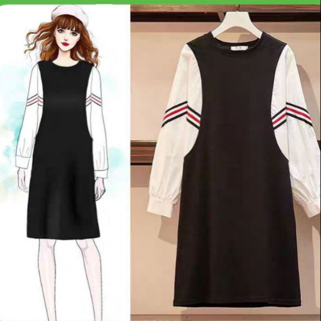 Đầm ngắn FOREVER21 suông form A thun cotton gân tăm dệt kim đen phối tay sơ mi trắng rộng viền sọc