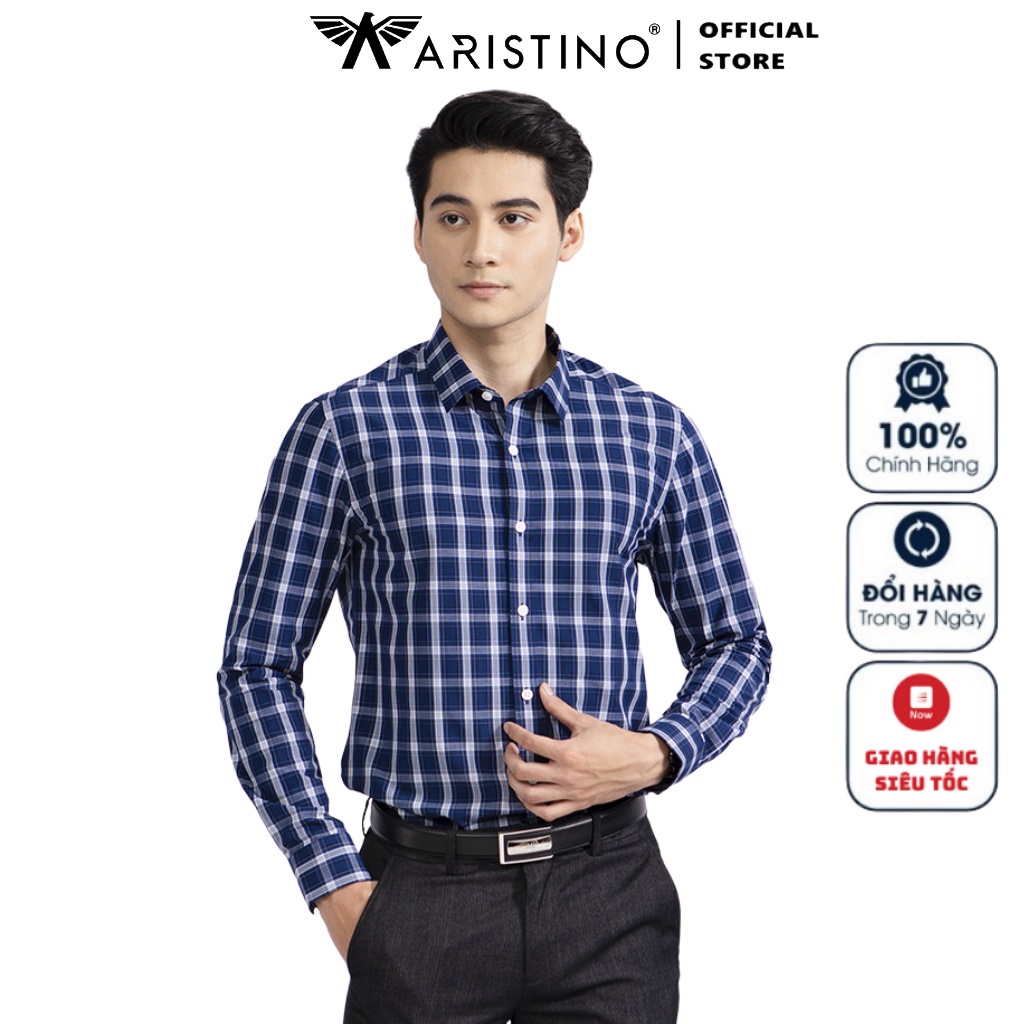 Áo Sơ Mi Nam Dài Tay ARISTINO ALS34102 Somi Công Sở Cao Cấp màu xanh kẻ trắng vải sợi tre dáng ôm tà lượn không túi