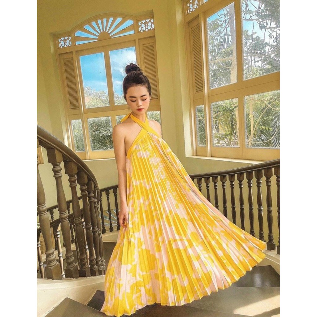 Đầm maxi vàng cổ yếm dập ly Hakieu Msp033 ( hình sàn chụp thật) | BigBuy360 - bigbuy360.vn