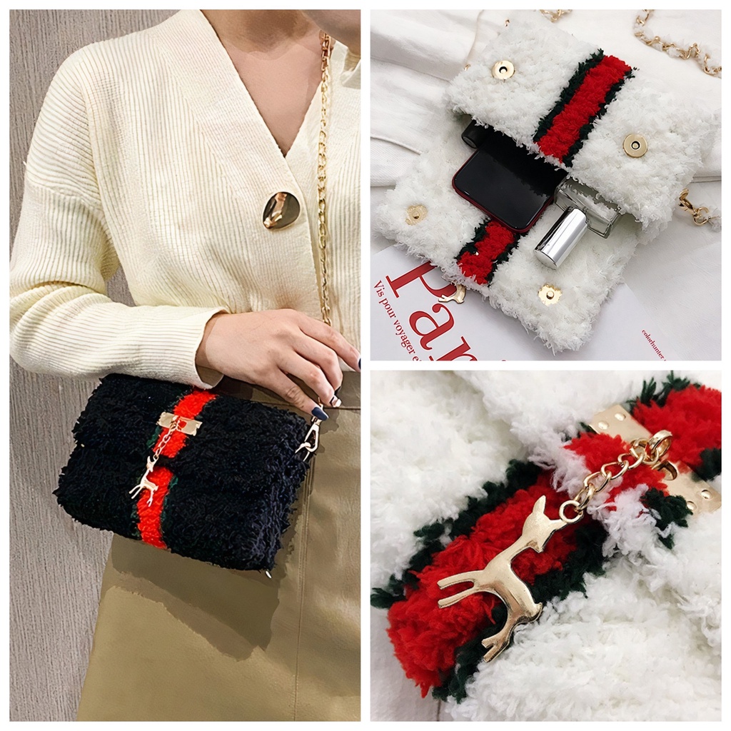 Túi len tự đan, túi đeo chéo len xù phối sọc đỏ thời trang sang trọng - Bộ phụ kiện đầy đủ LX206