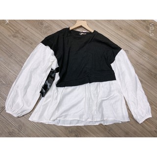 Áo babydoll pha đen trắng tiểu thư buộc dây