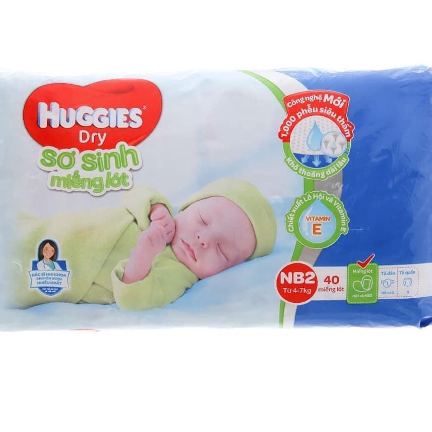 Miếng Lót Sơ Sinh Huggies NB2 40/60 Miếng Dành Cho Bé Từ 4 - 7kg Siêu mềm Thấm Hút An Toàn Cho Bé.