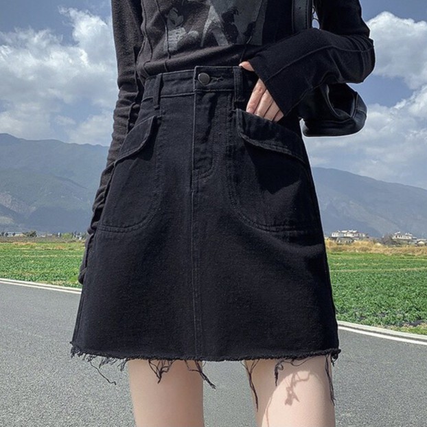 Chân váy jean cap cao tua gấu kèm quần trong _V32