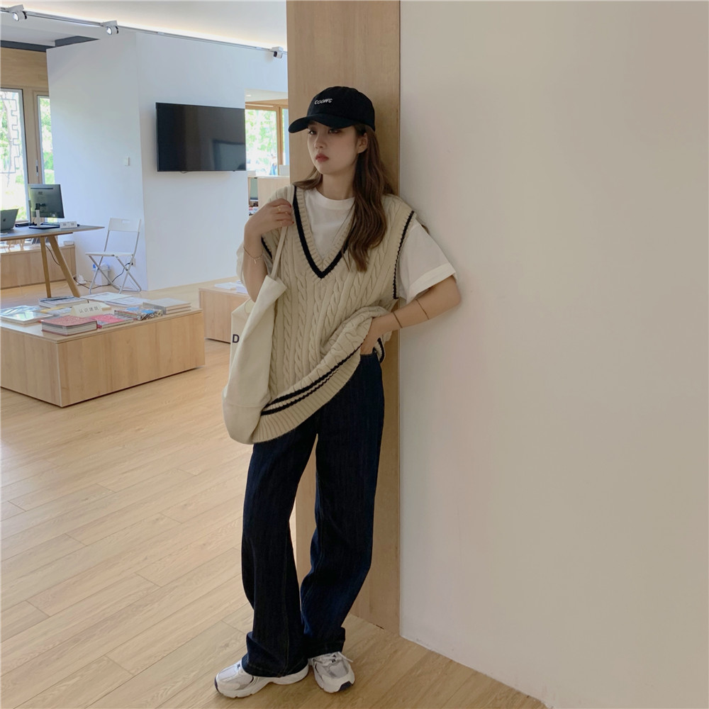 Xiaozhainv Áo dệt kim dáng rộng cổ chữ V không tay phong cách Hàn Quốc thời trang nữ dễ thương | BigBuy360 - bigbuy360.vn
