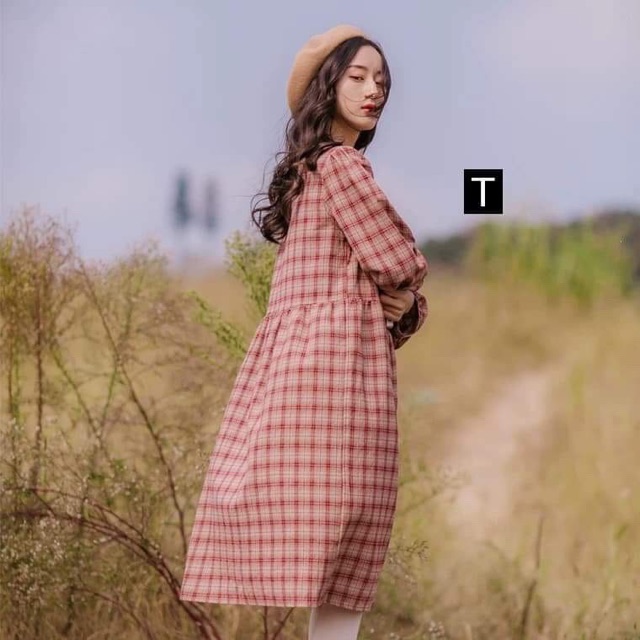Váy kẻ cổ tàu chun tay TTO666