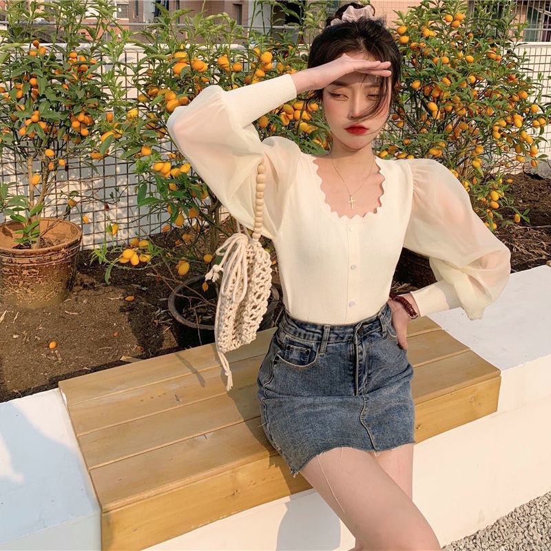 Áo chiffon dệt kim cổ vuông phong cách retro cho nữ