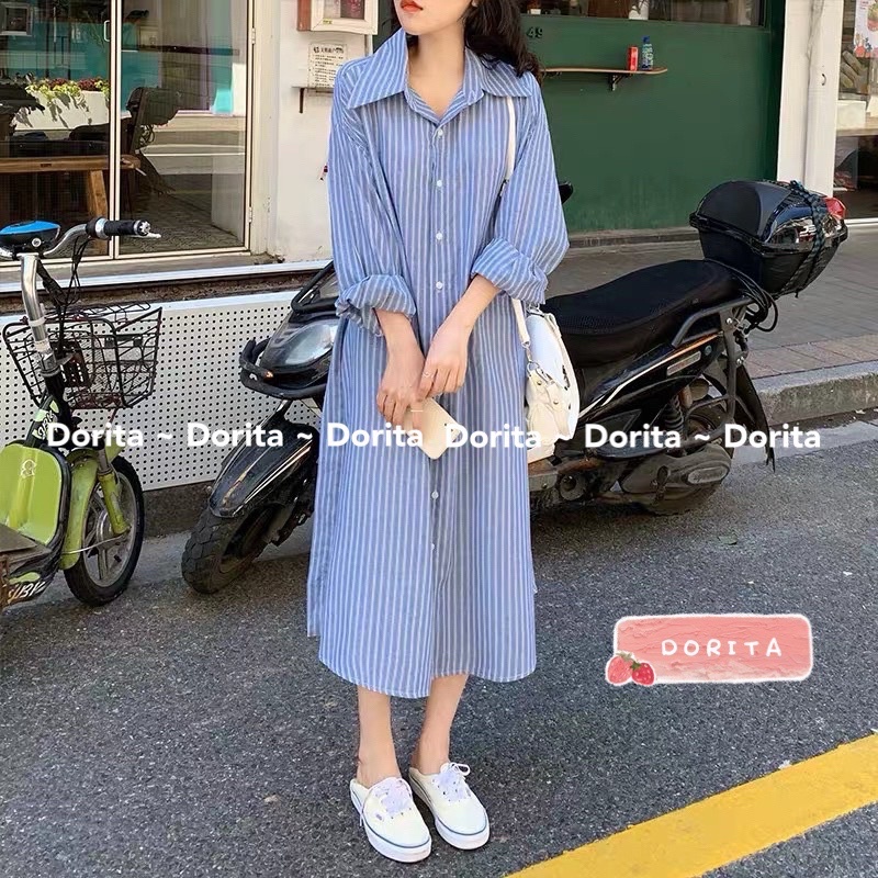 [Ảnh thật/Video] Váy sơ mi kẻ sọc dài tay kèm đai Dorita, Đầm dáng suông Hàn Quốc - Dorita Boutique | BigBuy360 - bigbuy360.vn
