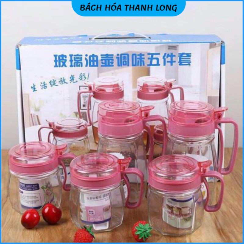 BỘ 5 LỌ GIA VỊ THUỶ TINH SIÊU ĐẸP NẮP HỒNG ĐẬM