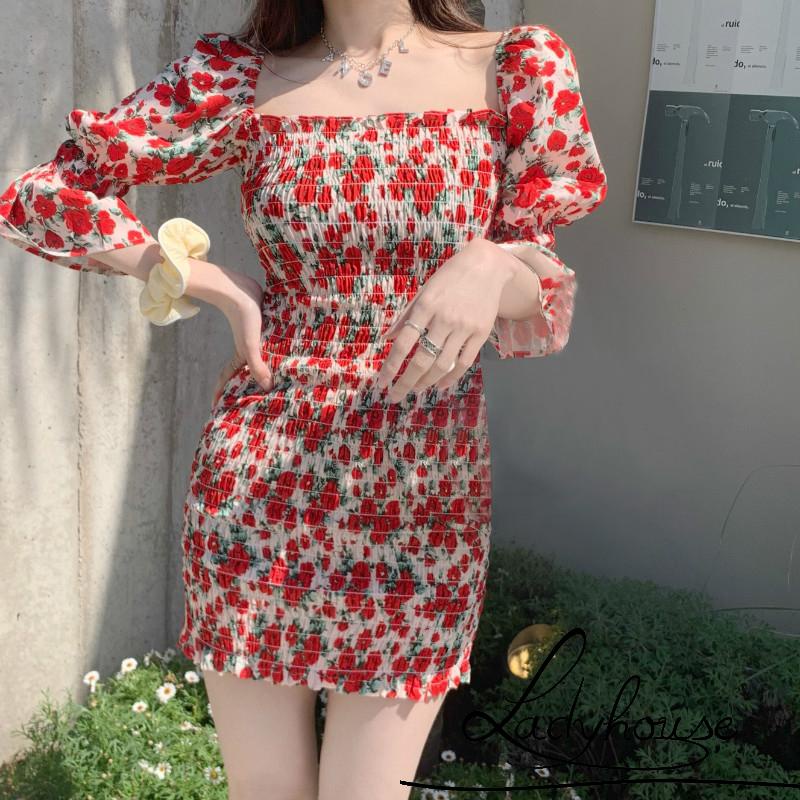 Đầm Ôm Dáng Tay Phồng Ngắn In Họa Tiết Hoa Quyến Rũ Dành Cho Nữ