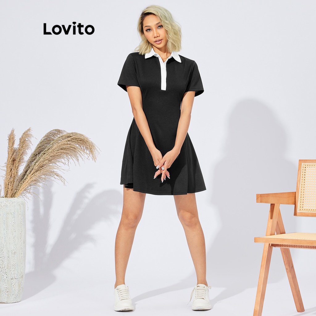 Lovito ĐầM Xòe Trơn Màu Trơn Tương PhảN L22AD073 (Đen)