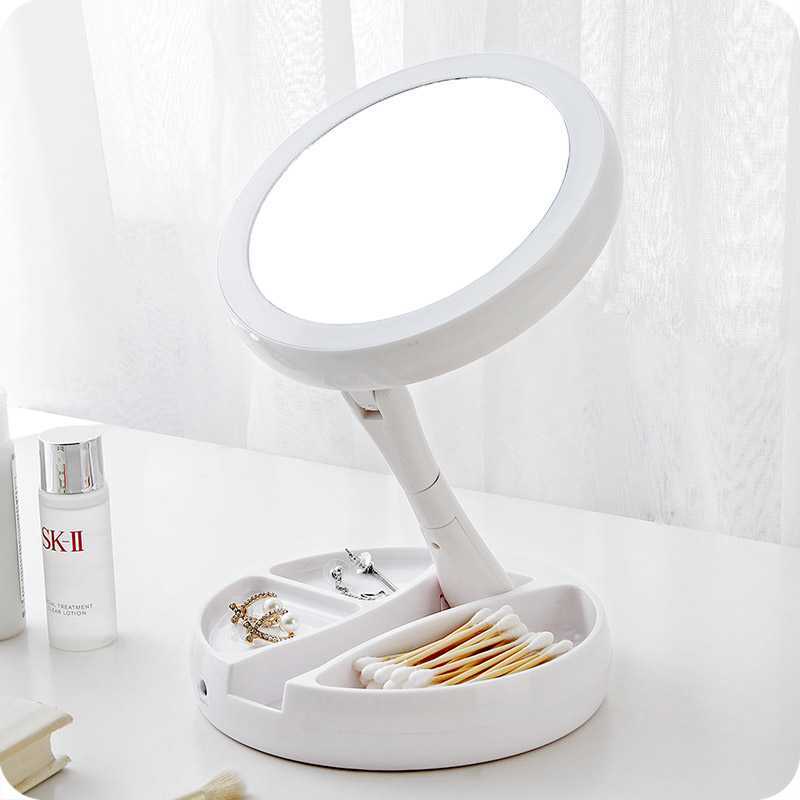 Gương Trang Điểm Để Bàn Phấn Có Đèn Led Cao Cấp Hình Tròn, Kèm Dây Sạc 2 Mặt Xoay 360 Độ Gấp Gọn Có Ngăn Đựng Đồ Tiện