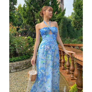 COLUS - Đầm Maxi tơ hoa xanh biển