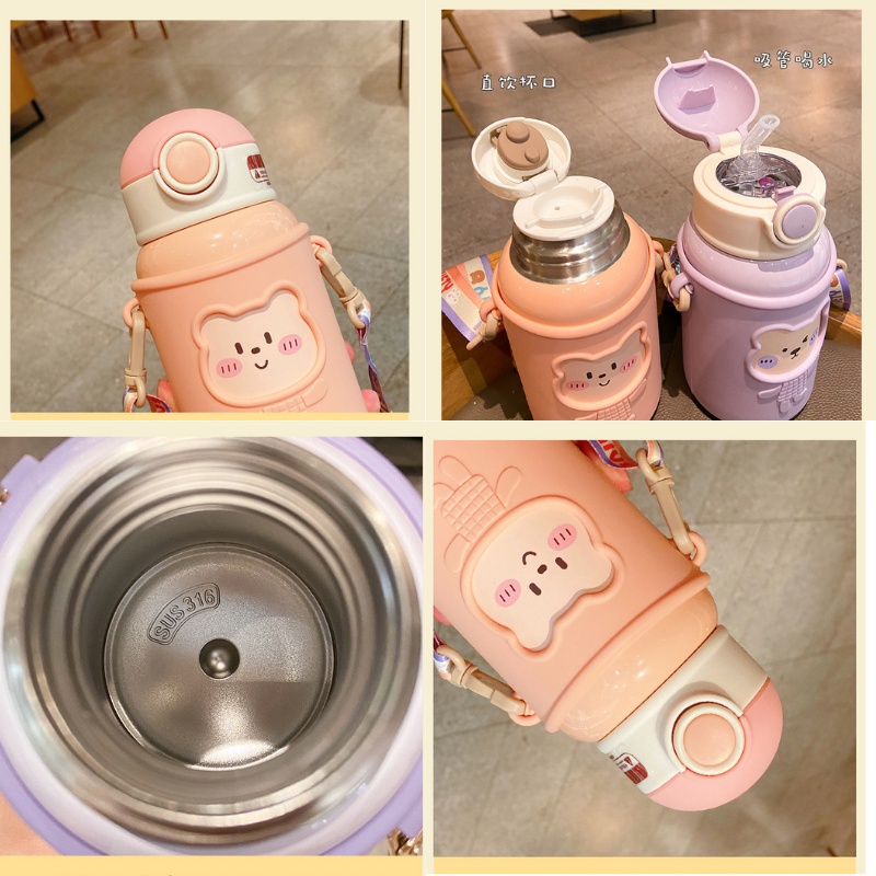 Bình nước cute cho bé có ống hút bằng nhựa hai lớp nắp đậy an toàn dung tích 450ml MiibooShi 55226gfgcf