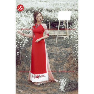 Áo dài đỏ 4 tà cách tân kết cườm hoa thêu 171001 - trang phục truyền thống Việt Nam