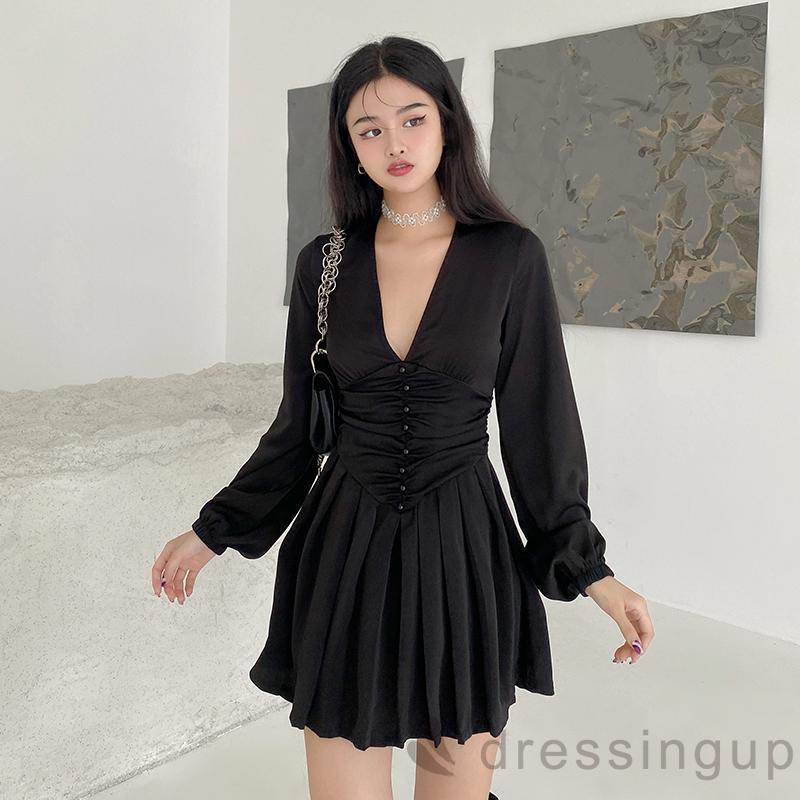 Đầm dài tay cổ chữ V màu sắc thời trang dành cho nữ