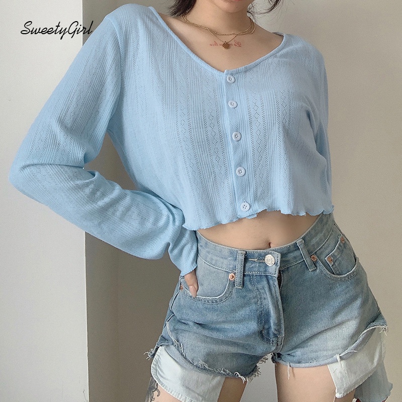 Áo Croptop Tay Dài Cổ Chữ V Cài Nút Màu Sắc Trơn Quyến Rũ Cho Nữ