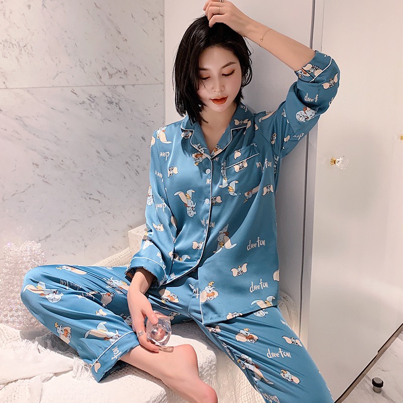 Đồ Ngủ Mặc Nhà Lụa Hàn Pajamas Dài Tay Quần Dài Họa Tiết Chú Voi AMANTA P48AMK