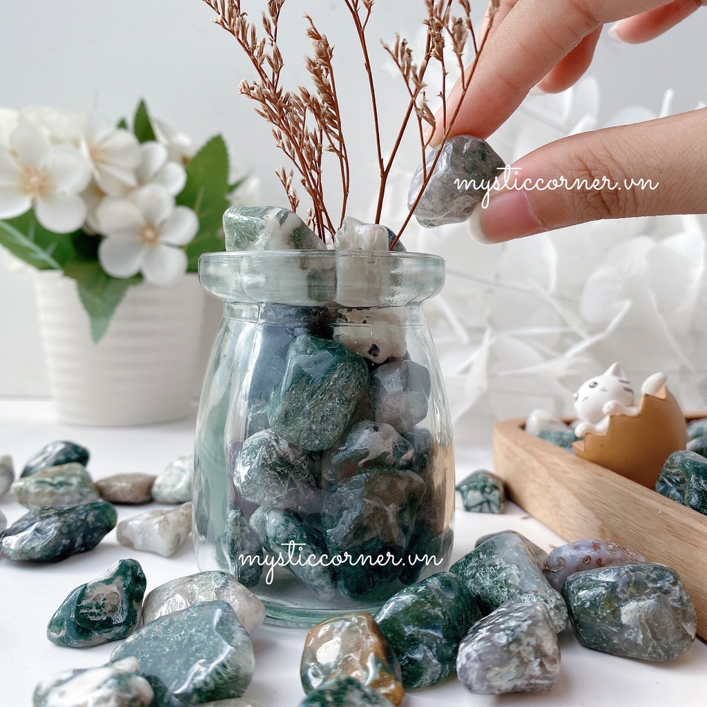 Vụn đá thanh tẩy Mã não Rêu (Moss agate), dùng trong Tarot, Reiki, Thiền Định