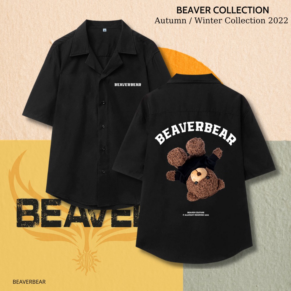 NHIỀU MẪU Áo Sơ Mi ĐEN Hoạ Tiết BEAVER Tay Ngắn Cổ Vest Thời Trang Unisex Vải Lụa Chéo