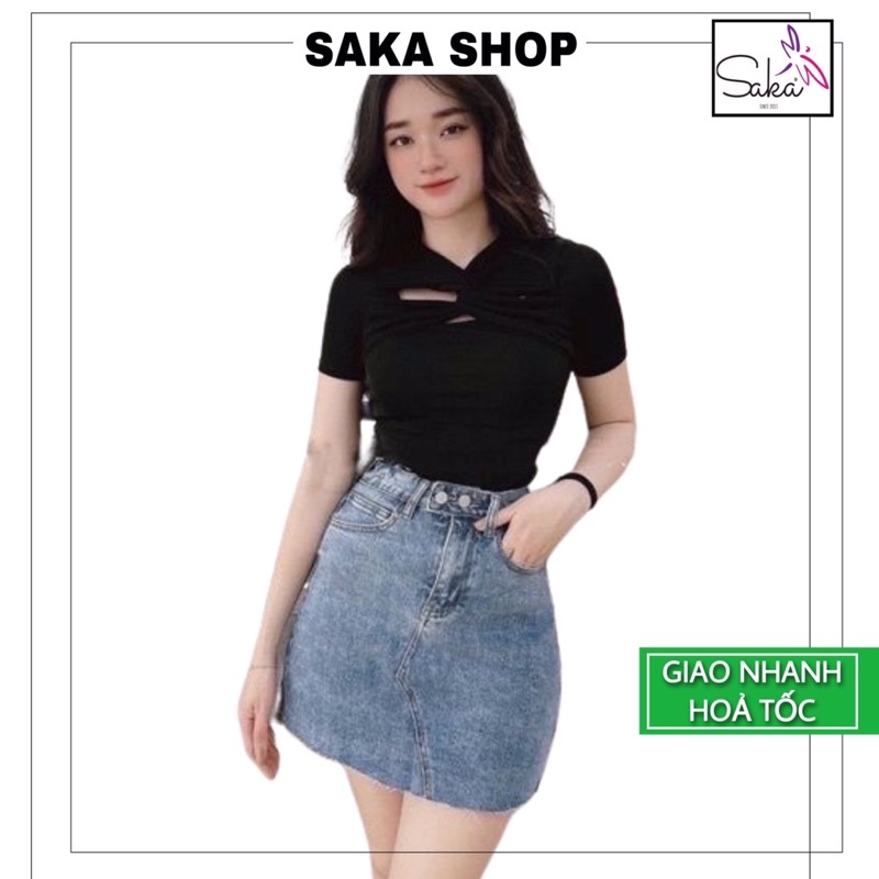 Áo thun croptop nữ cổ phối chéo hai màu trắng đen